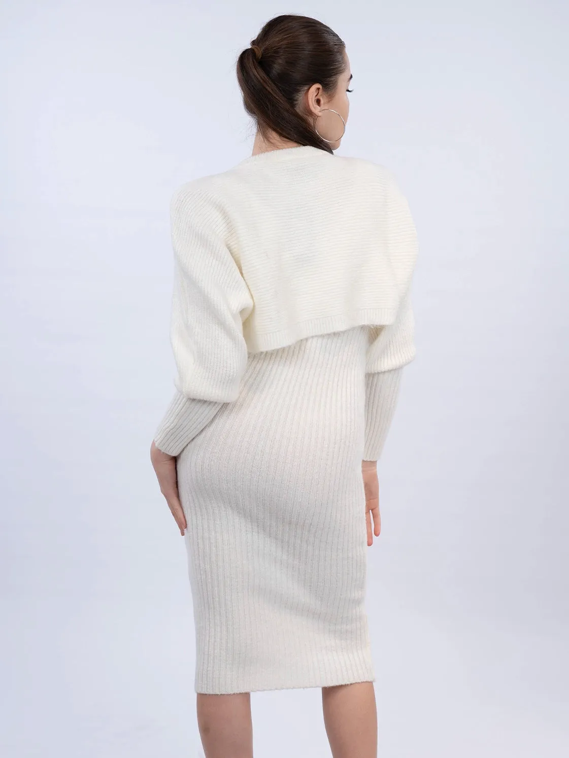 White Dress With Cardigan Knit Wear Set