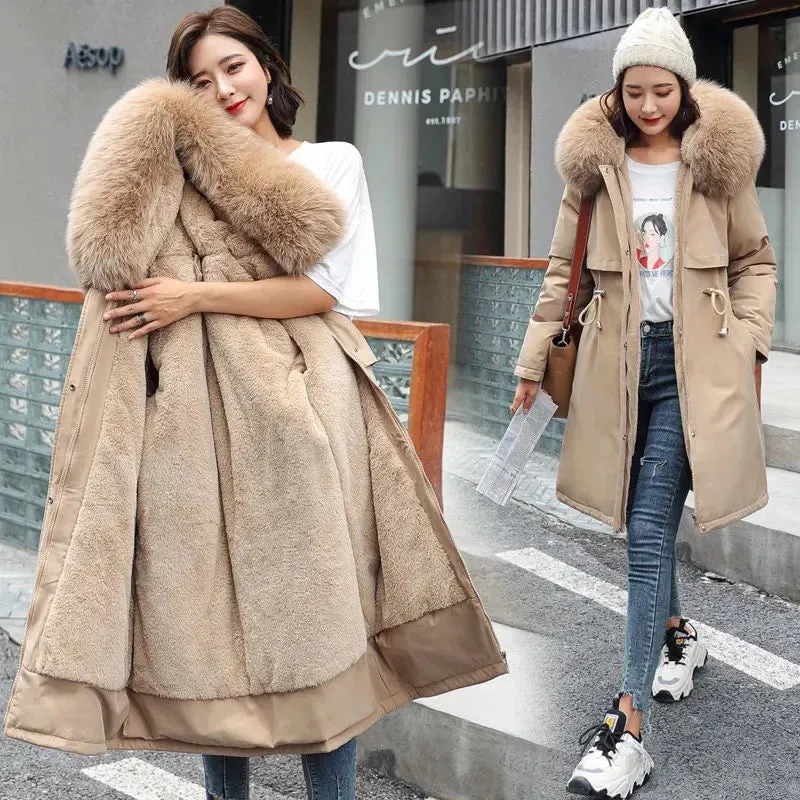 Winter Women Jacket Parka Clothes Wool Liner Fur Collar Warm Loose Long Coat Hooded Jacket Warm Thick Snow Wear Padded Parka