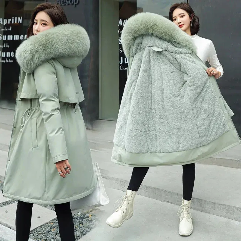 Winter Women Jacket Parka Clothes Wool Liner Fur Collar Warm Loose Long Coat Hooded Jacket Warm Thick Snow Wear Padded Parka