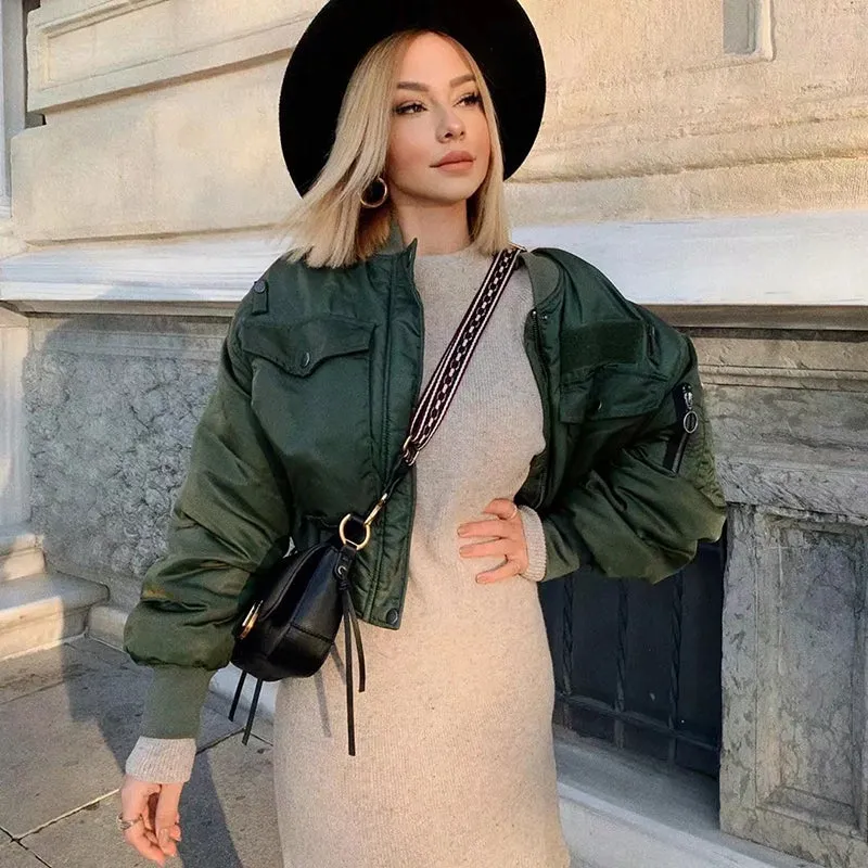 Wjczt 2022 stylish lady autumn winter za green short jackets women fashion long sleeve zipper bomber jacket outwear women&#39;s coat