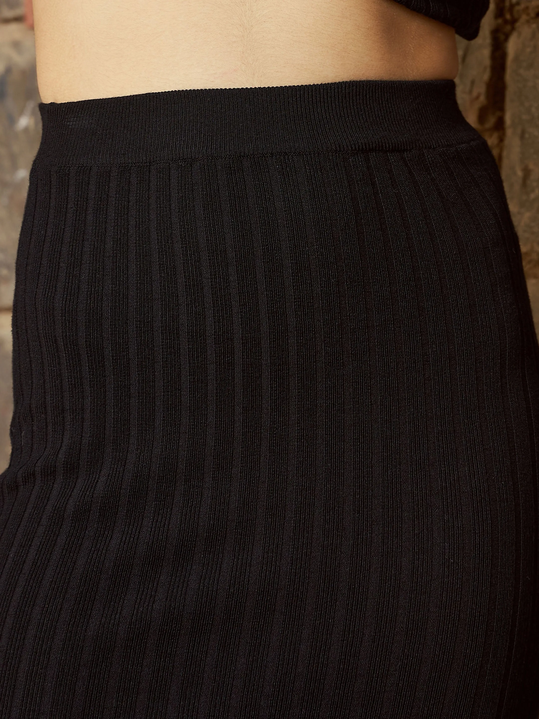 Women Black Rib Sweater With Pencil Skirt