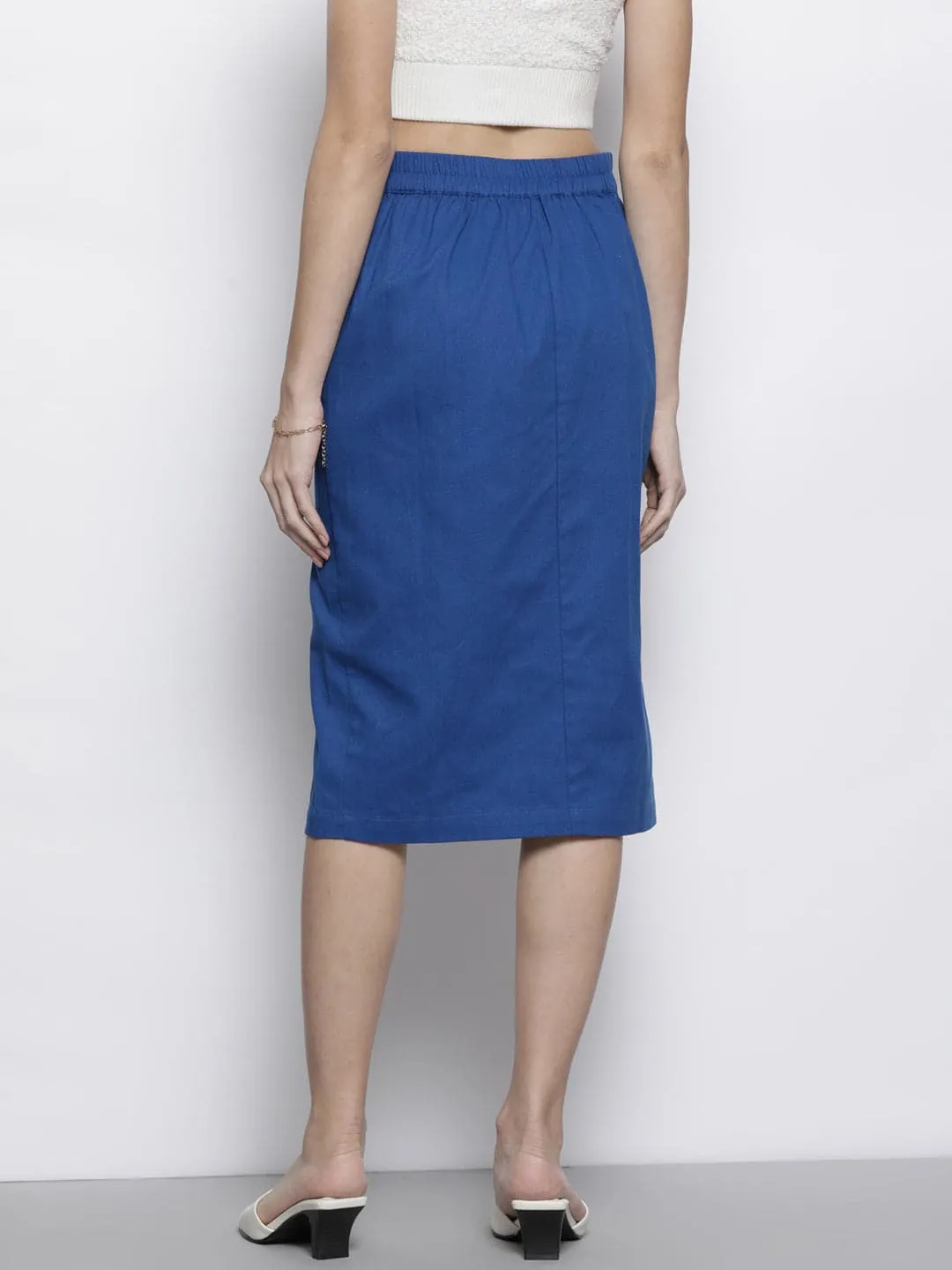 Women Blue Twill Front Button Pencil Skirt