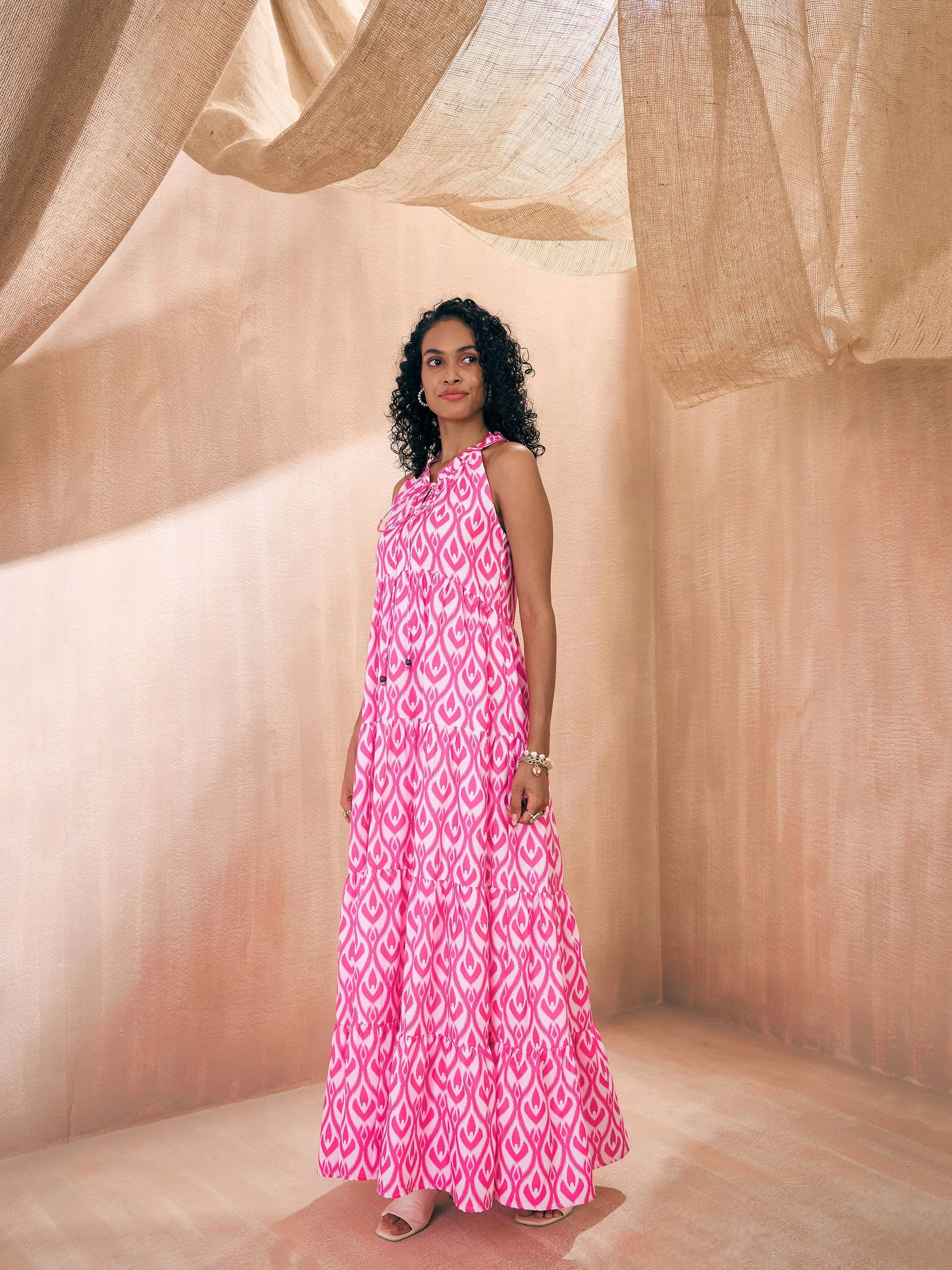 Women Pink & White Ikat Print Dori Neck Tiered Maxi