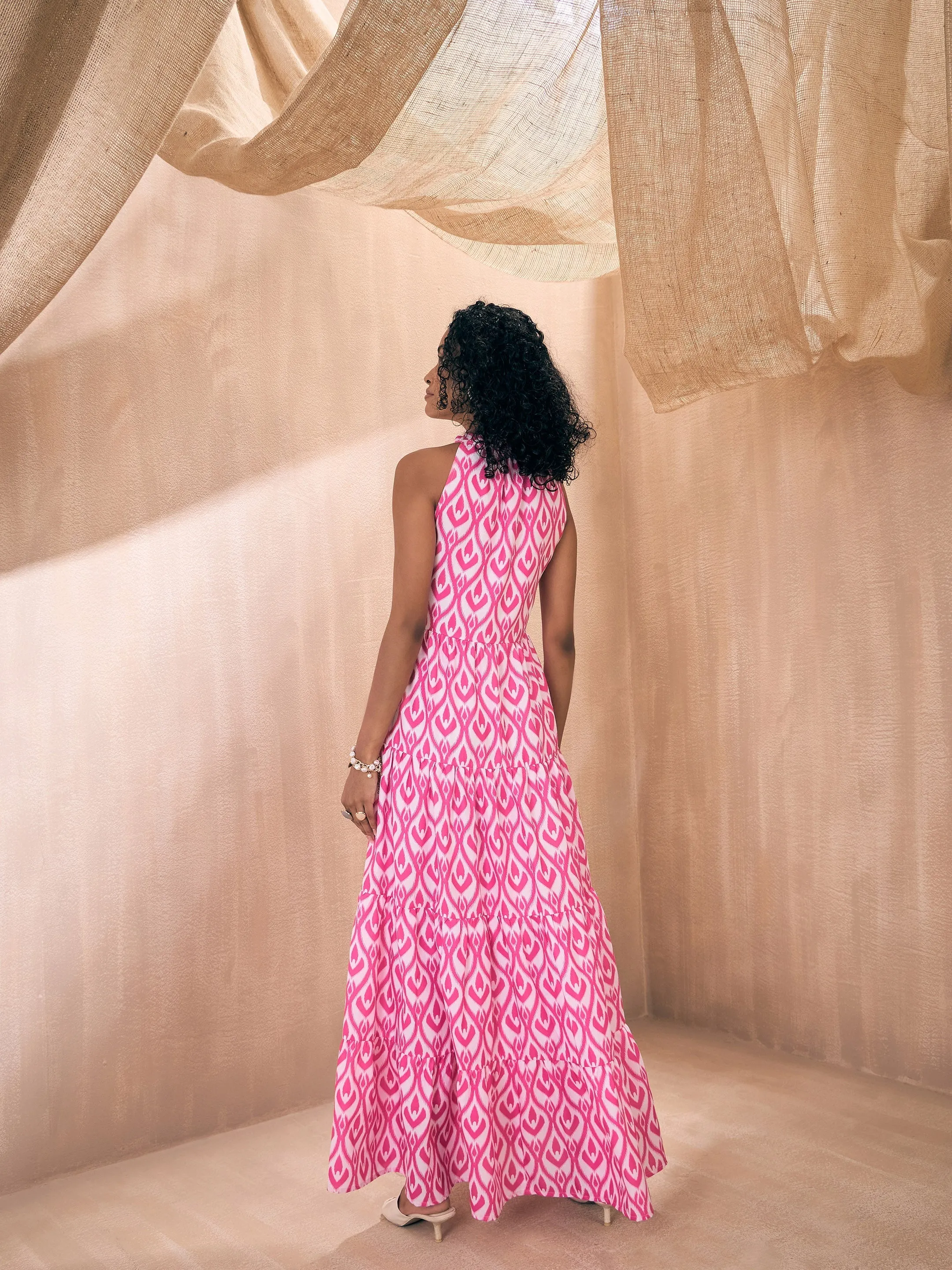 Women Pink & White Ikat Print Dori Neck Tiered Maxi