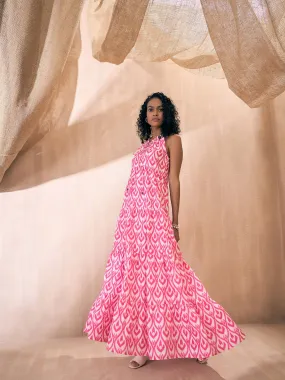 Women Pink & White Ikat Print Dori Neck Tiered Maxi