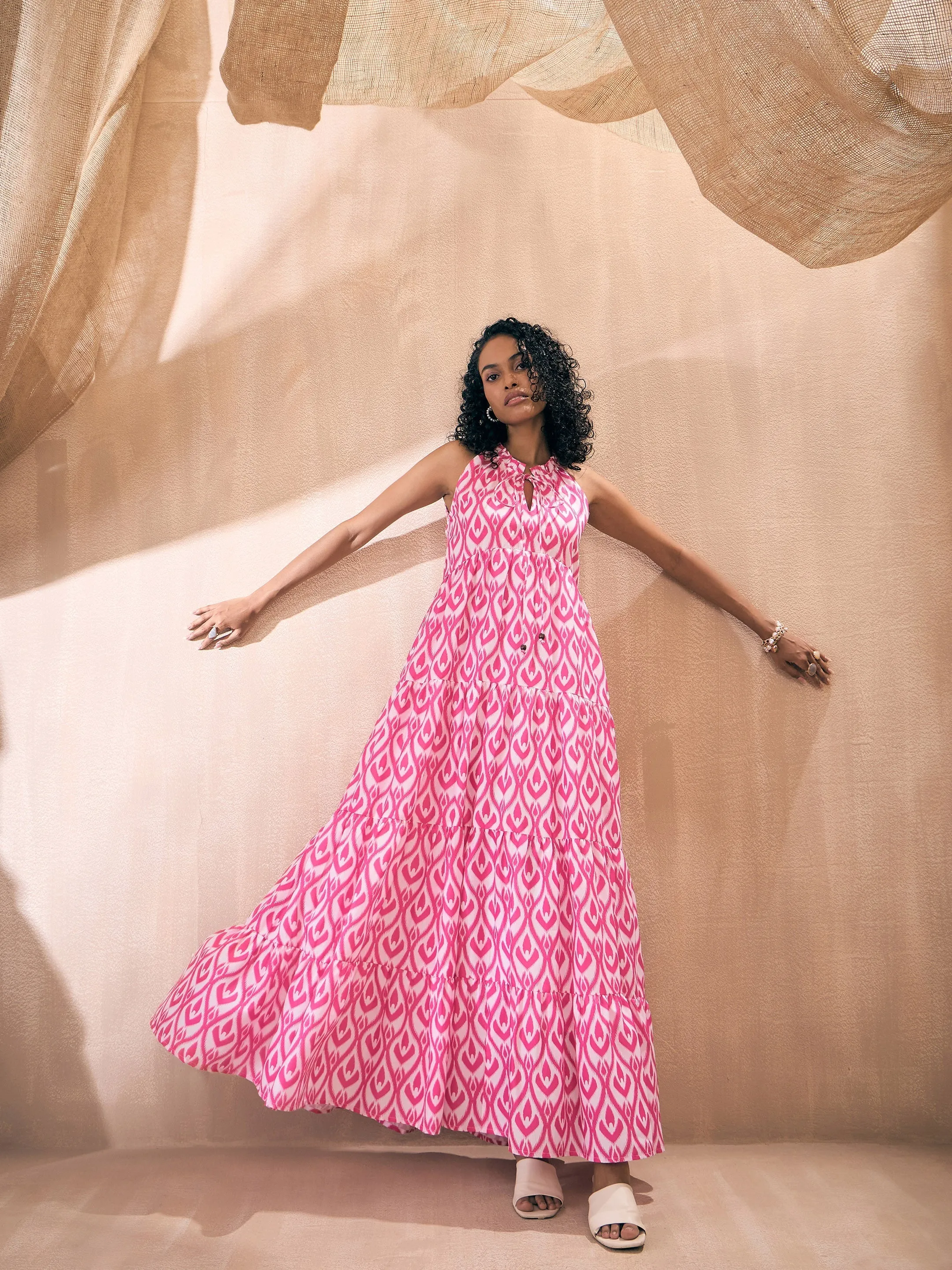 Women Pink & White Ikat Print Dori Neck Tiered Maxi