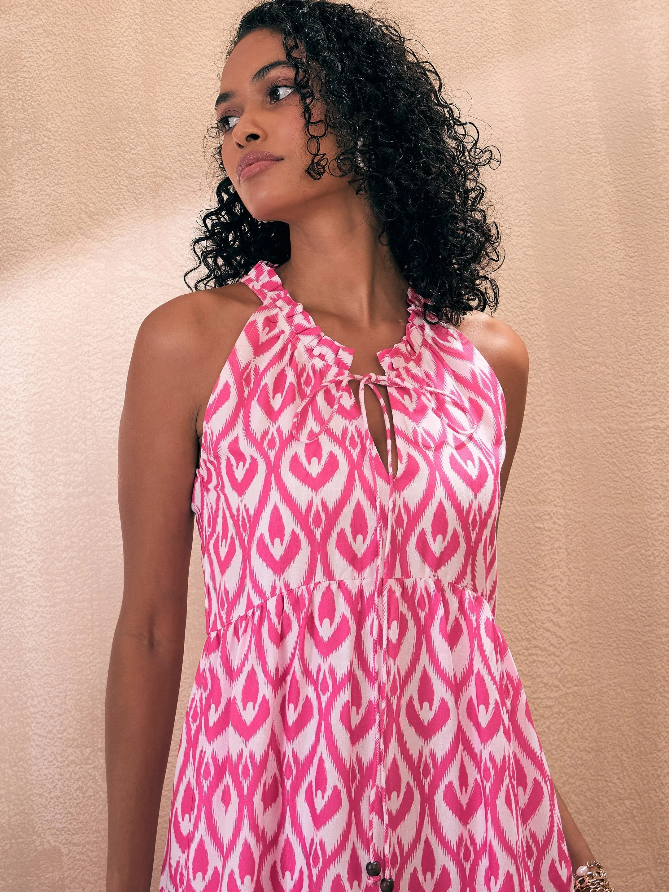 Women Pink & White Ikat Print Dori Neck Tiered Maxi