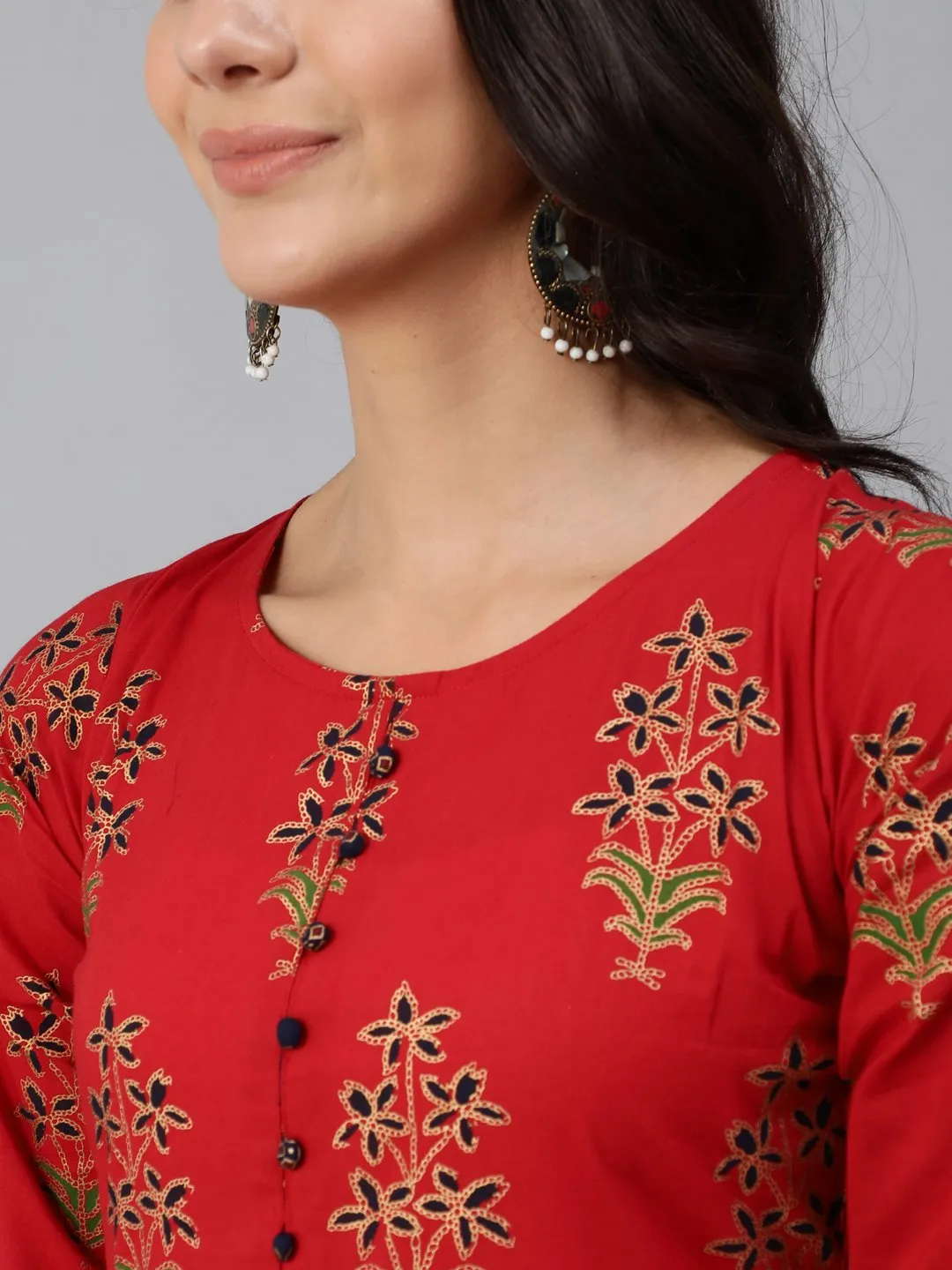 Women Red & Gold Printed Maxi Dress With Three Quarter Sleeves