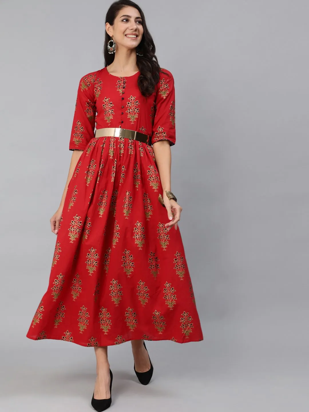 Women Red & Gold Printed Maxi Dress With Three Quarter Sleeves