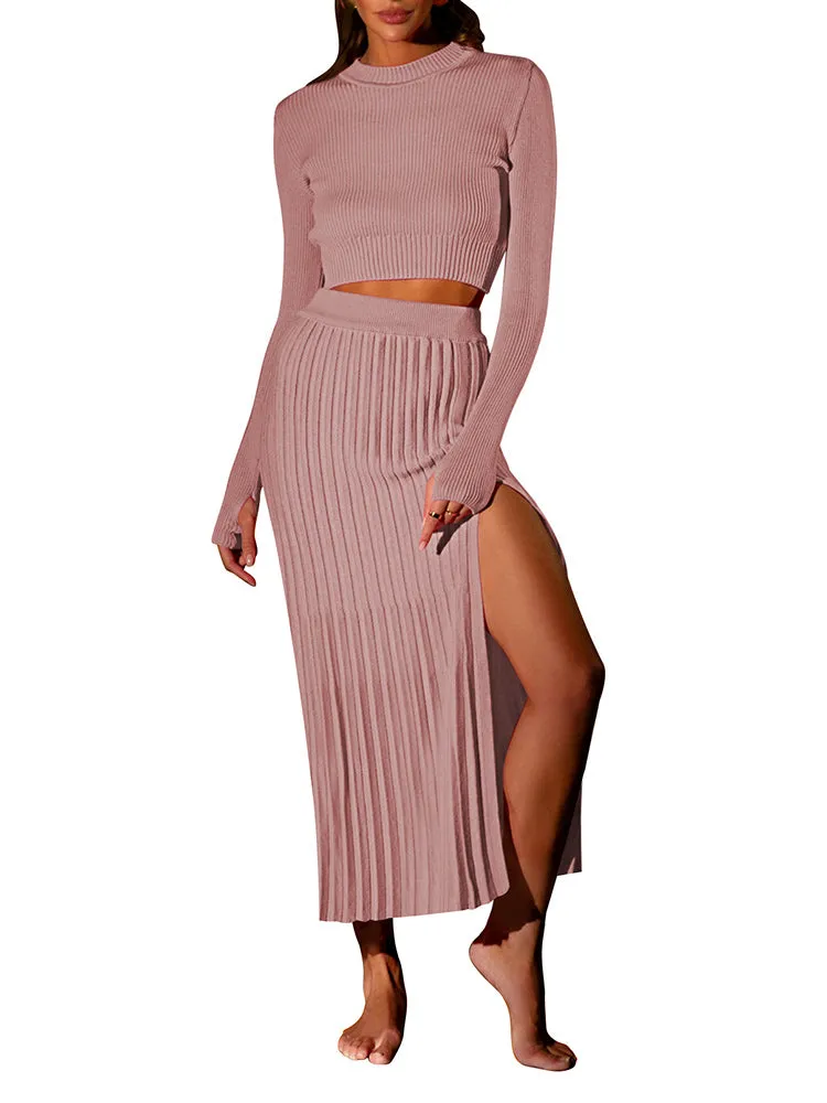 Women's Crop Top Split Bodycon Midi Skirt Fall Sweater Dresses