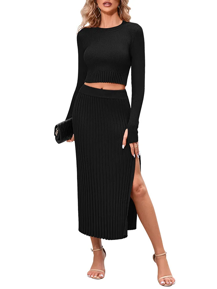 Women's Crop Top Split Bodycon Midi Skirt Fall Sweater Dresses