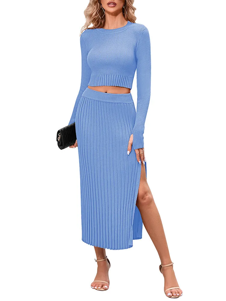 Women's Crop Top Split Bodycon Midi Skirt Fall Sweater Dresses