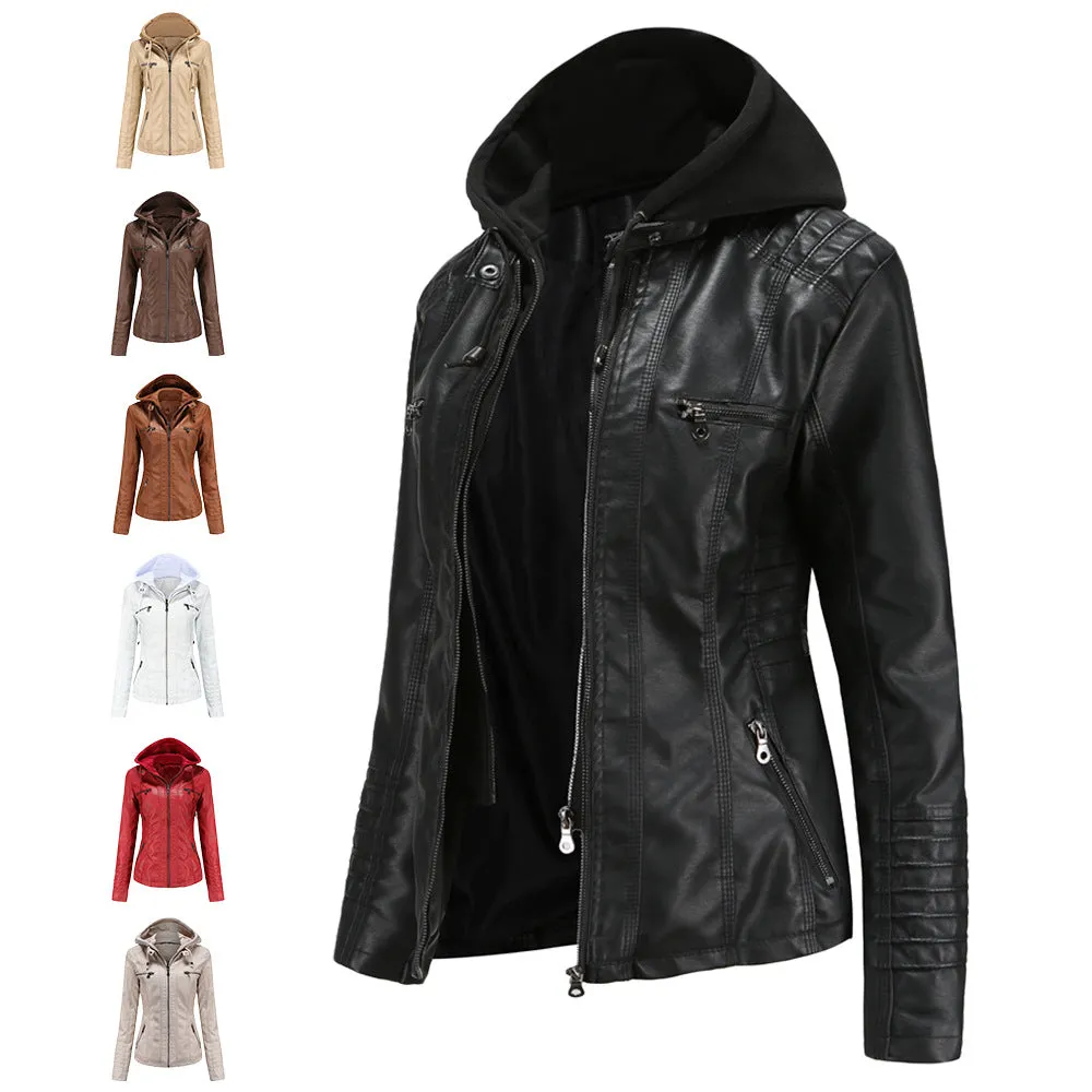 Women's Faux Leather Bomber Zip-Up Hooded Jacket