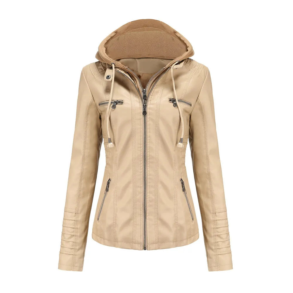 Women's Faux Leather Bomber Zip-Up Hooded Jacket