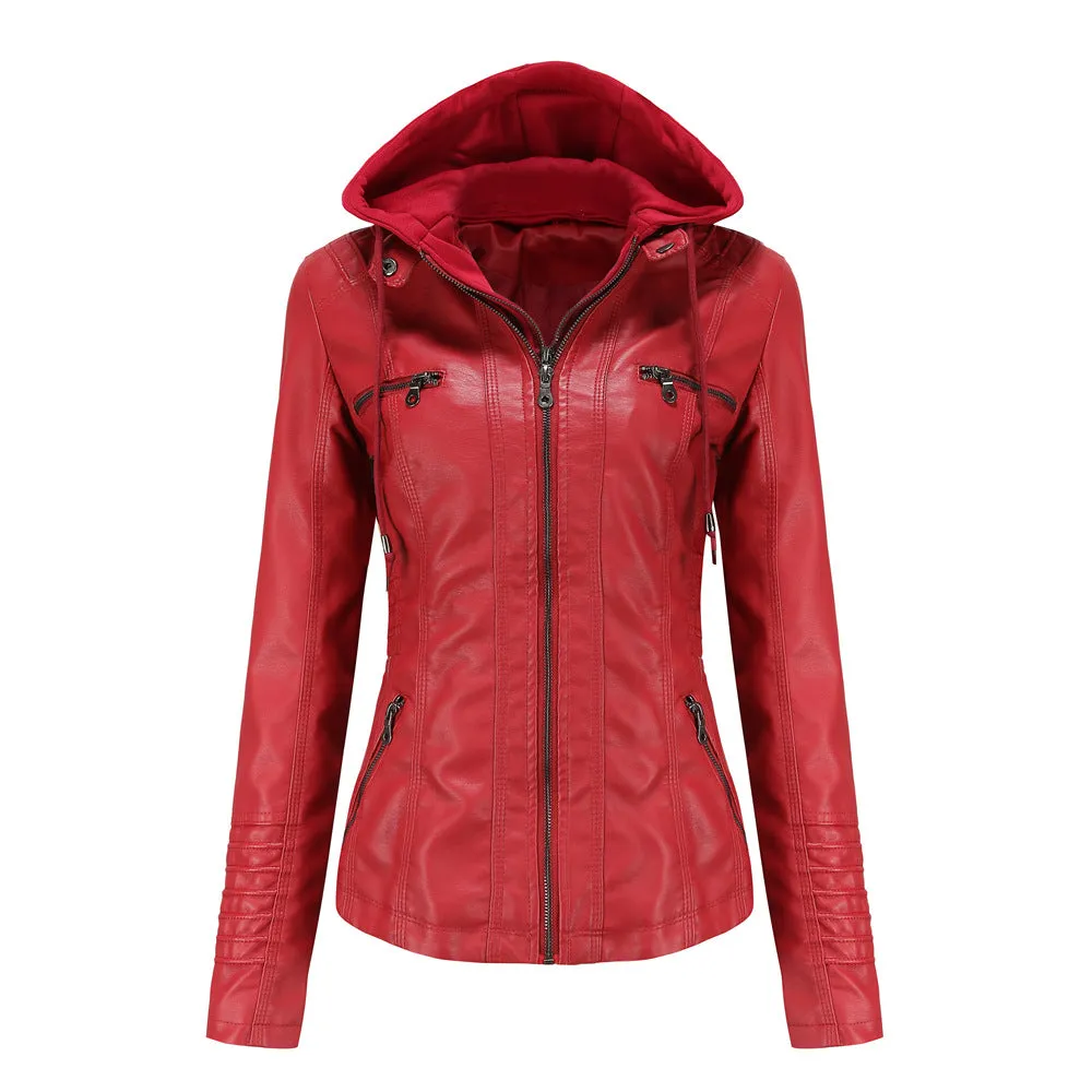 Women's Faux Leather Bomber Zip-Up Hooded Jacket