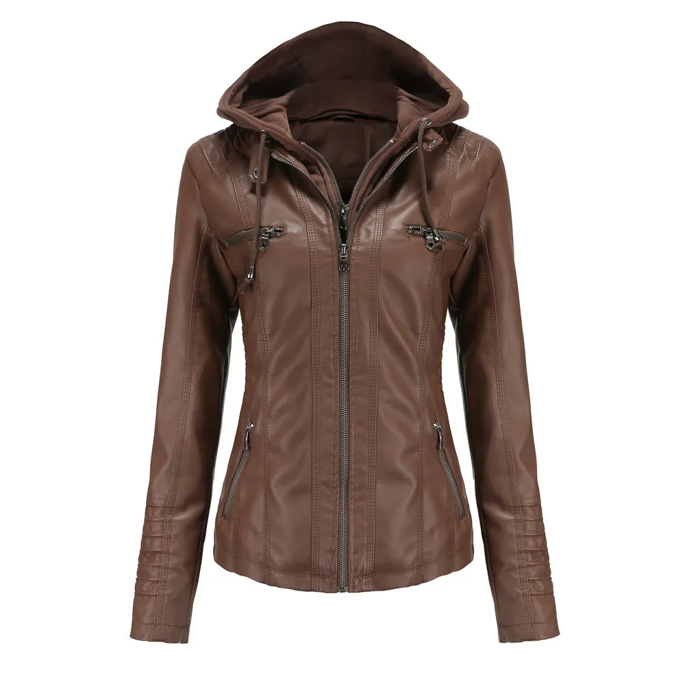 Women's Faux Leather Bomber Zip-Up Hooded Jacket