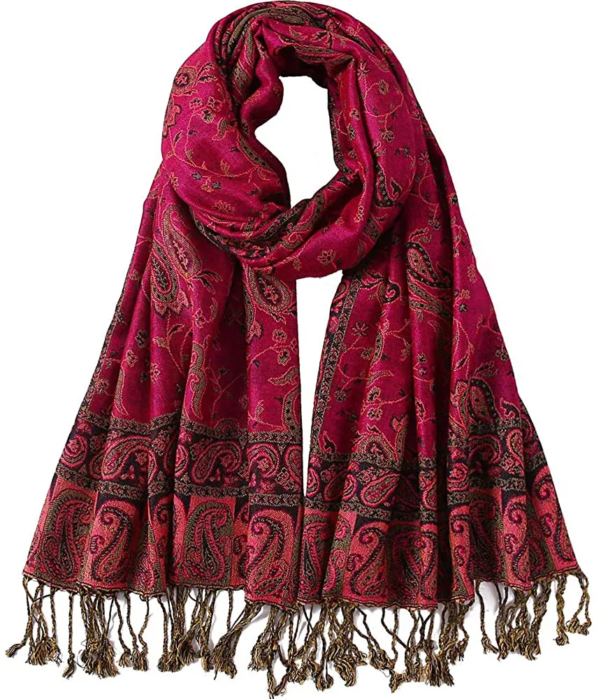 Women's Paisley Pattern Reversible Pashmina Silk Scarf Shawl Wrap with Fringes