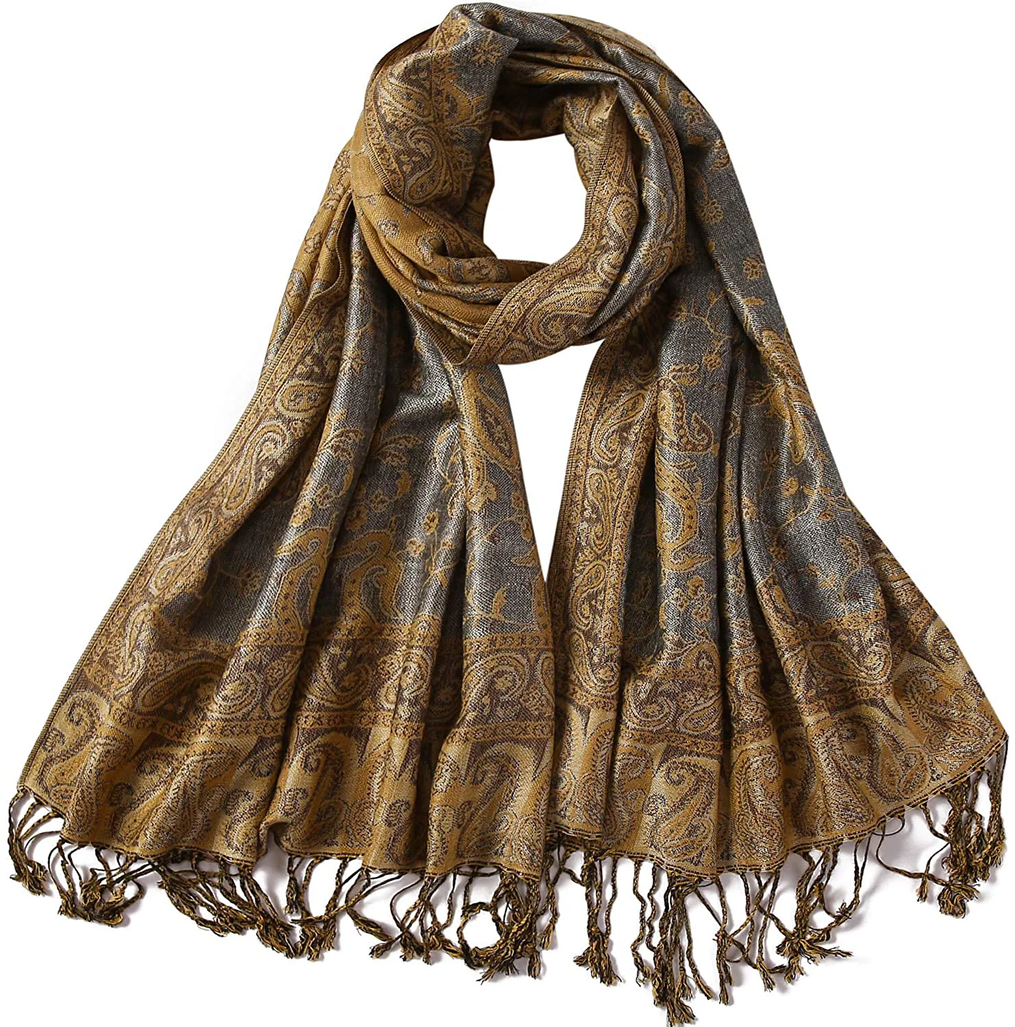 Women's Paisley Pattern Reversible Pashmina Silk Scarf Shawl Wrap with Fringes