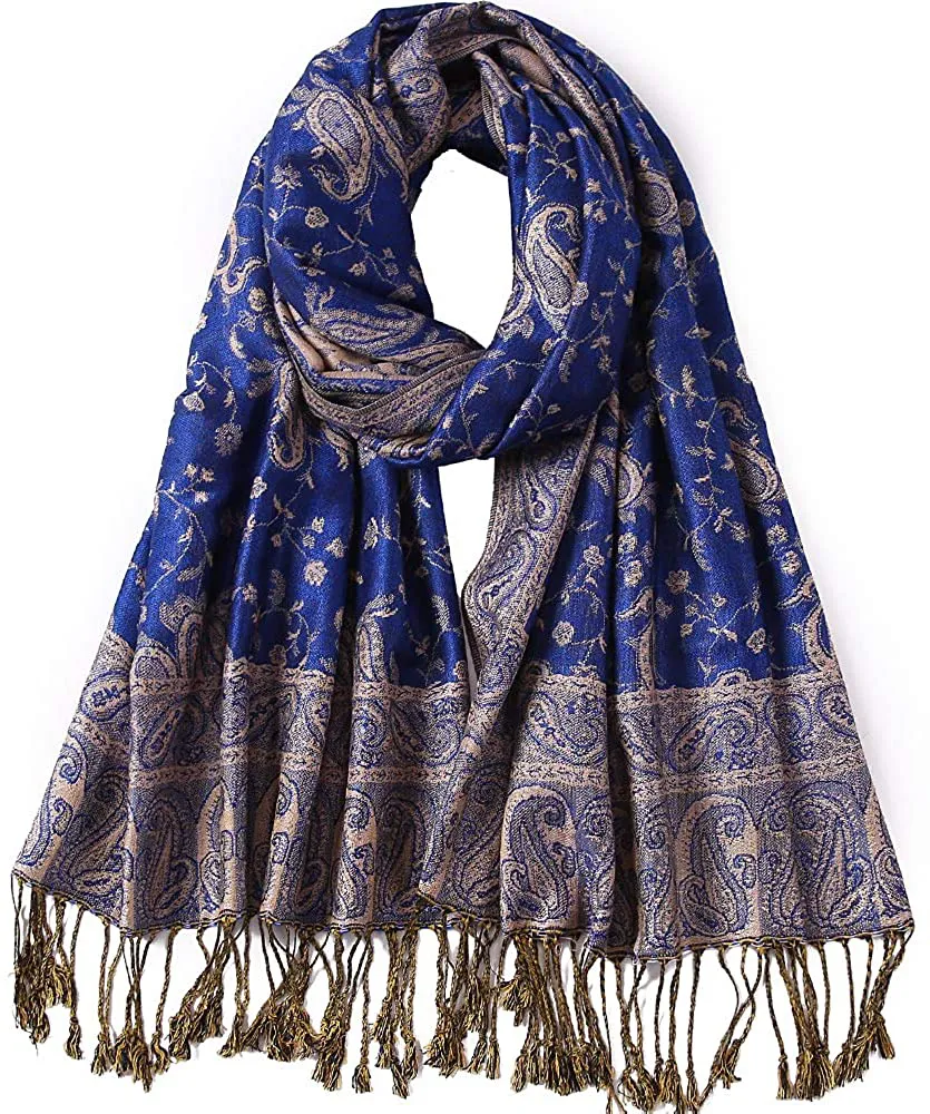 Women's Paisley Pattern Reversible Pashmina Silk Scarf Shawl Wrap with Fringes