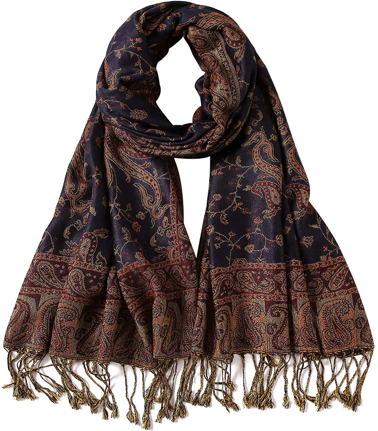 Women's Paisley Pattern Reversible Pashmina Silk Scarf Shawl Wrap with Fringes