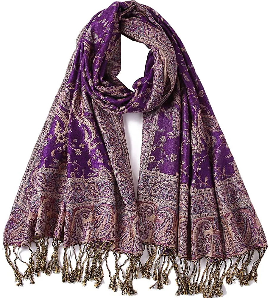 Women's Paisley Pattern Reversible Pashmina Silk Scarf Shawl Wrap with Fringes