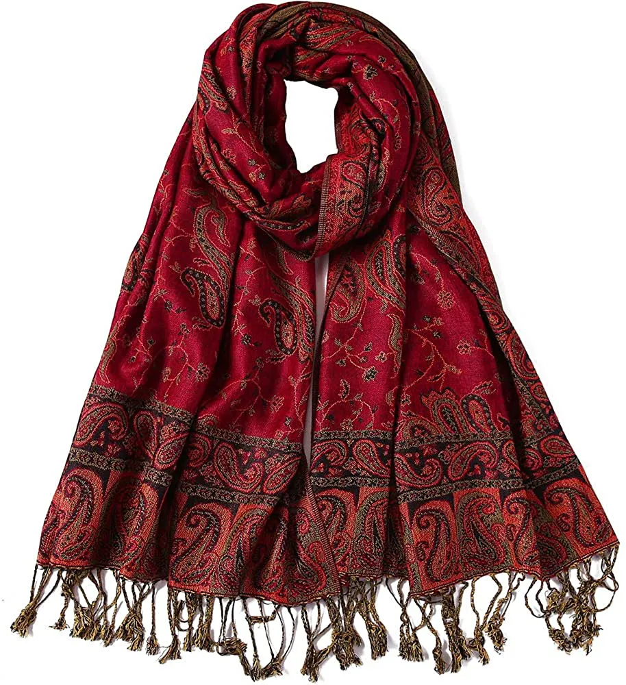 Women's Paisley Pattern Reversible Pashmina Silk Scarf Shawl Wrap with Fringes