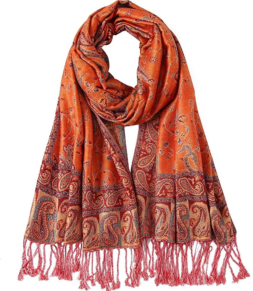 Women's Paisley Pattern Reversible Pashmina Silk Scarf Shawl Wrap with Fringes