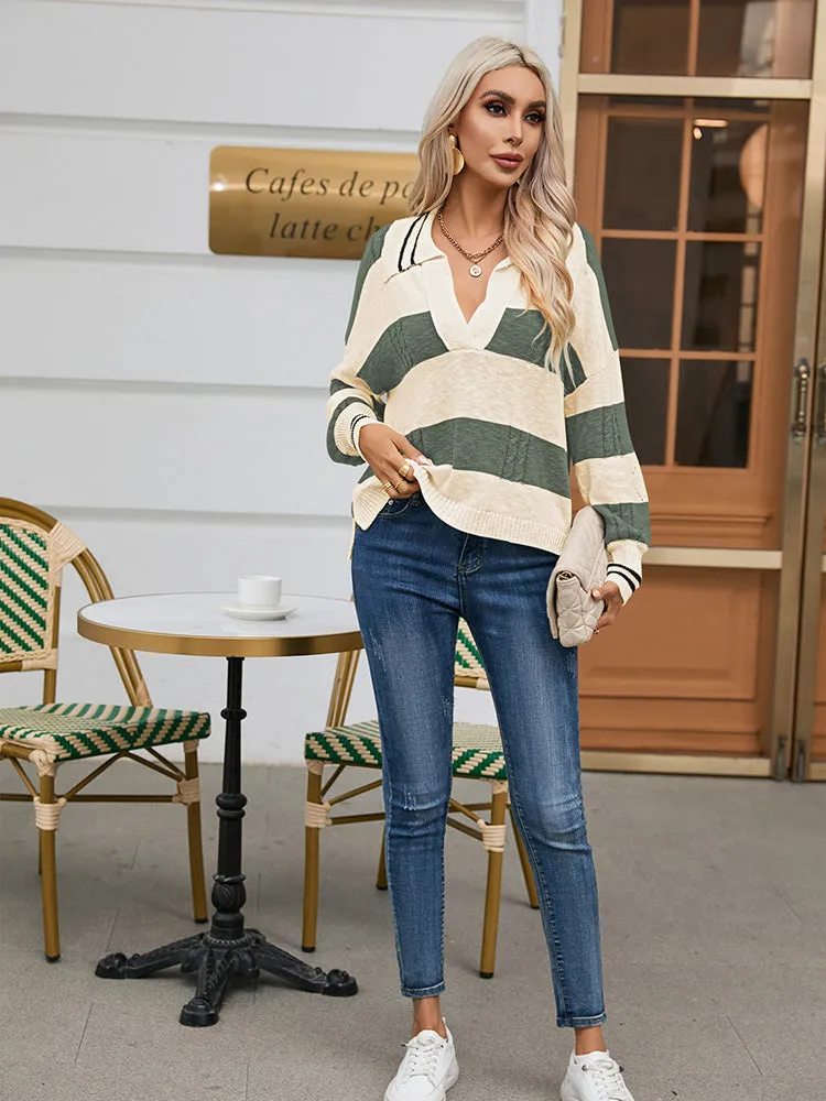 Women's Striped Oversized Pullover Sweaters Lapel Collar V Neck Long Sleeve Jumper Top