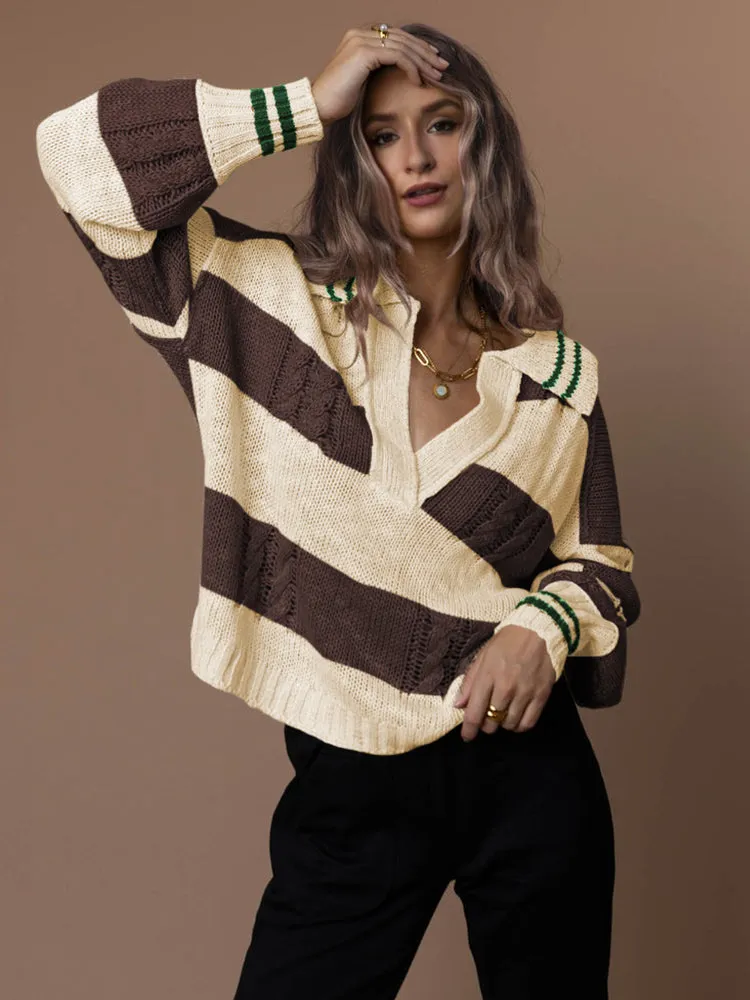 Women's Striped Oversized Pullover Sweaters Lapel Collar V Neck Long Sleeve Jumper Top