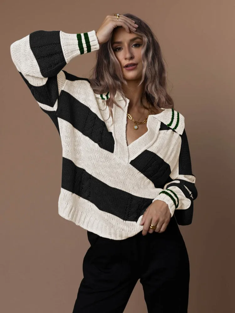 Women's Striped Oversized Pullover Sweaters Lapel Collar V Neck Long Sleeve Jumper Top