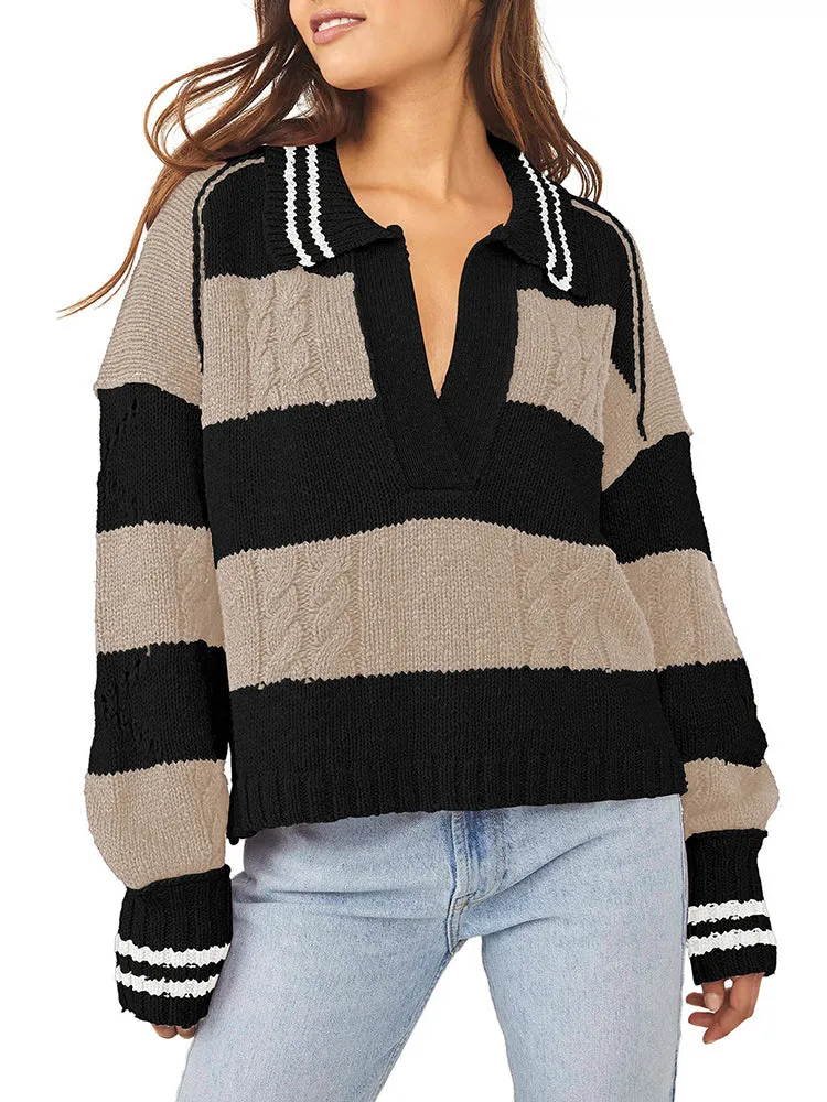 Women's Striped Oversized Pullover Sweaters Lapel Collar V Neck Long Sleeve Jumper Top