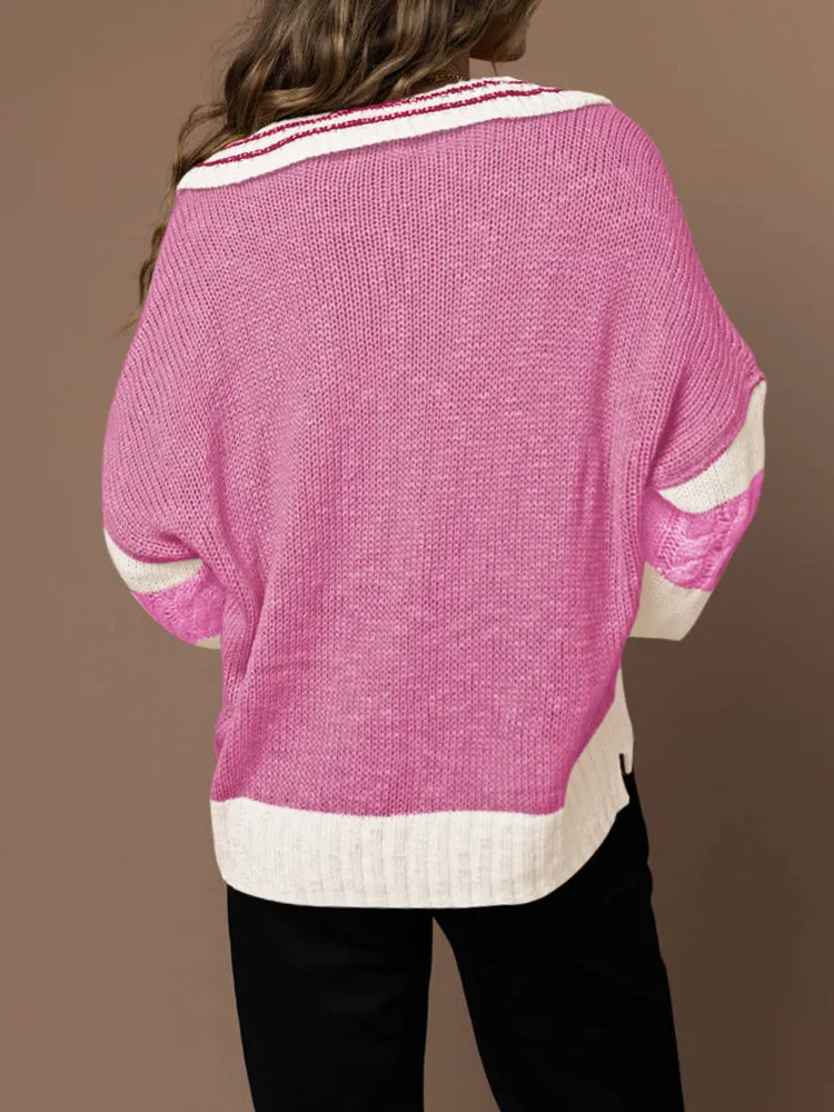 Women's Striped Oversized Pullover Sweaters Lapel Collar V Neck Long Sleeve Jumper Top