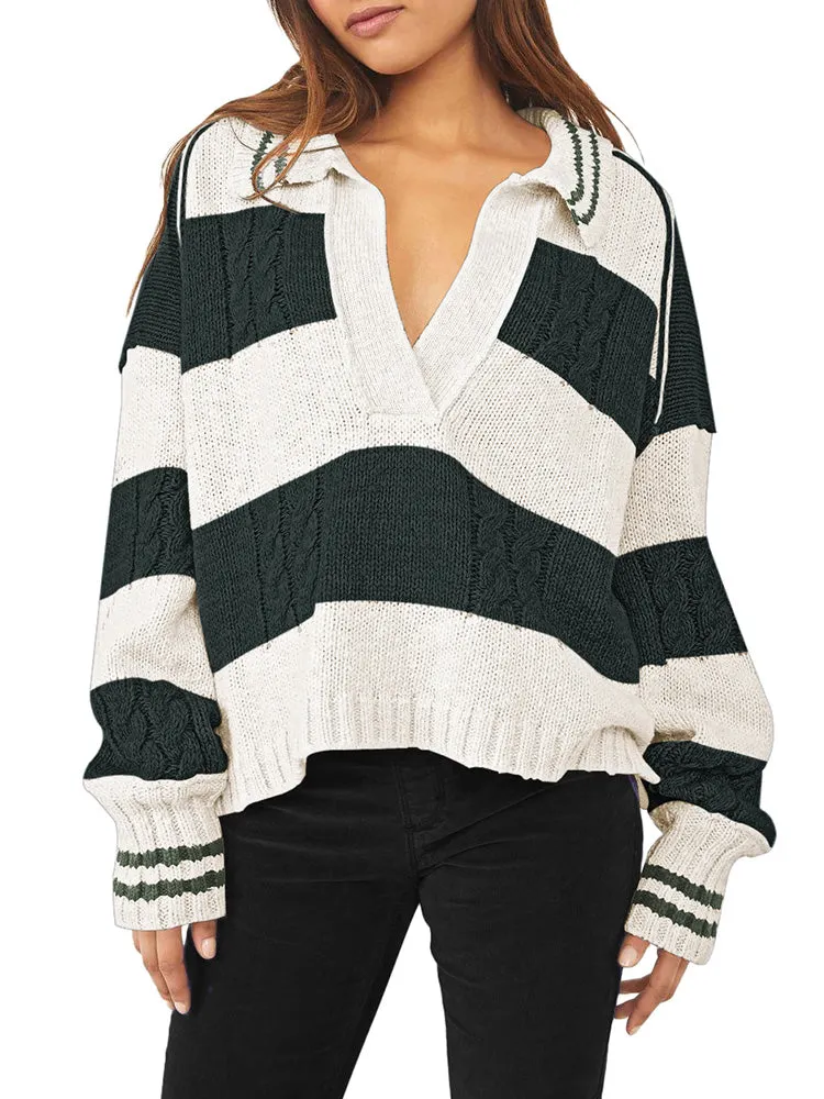 Women's Striped Oversized Pullover Sweaters Lapel Collar V Neck Long Sleeve Jumper Top