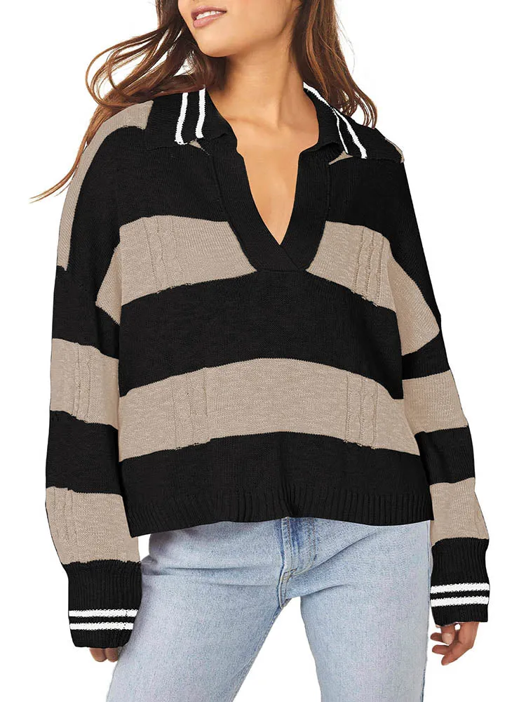 Women's Striped Oversized Pullover Sweaters Lapel Collar V Neck Long Sleeve Jumper Top