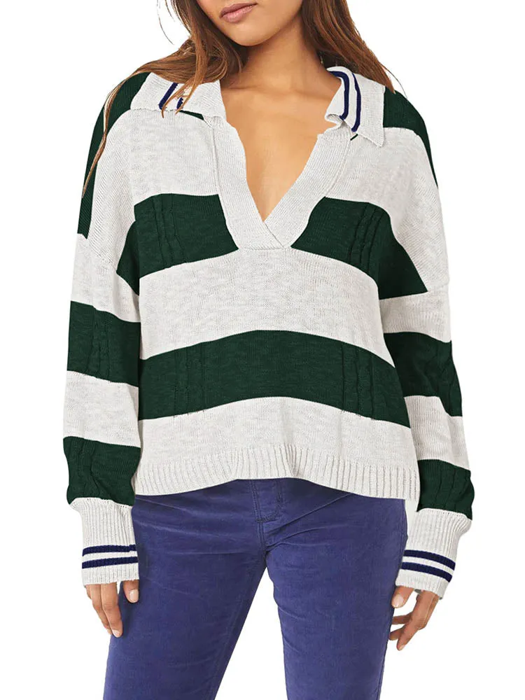 Women's Striped Oversized Pullover Sweaters Lapel Collar V Neck Long Sleeve Jumper Top