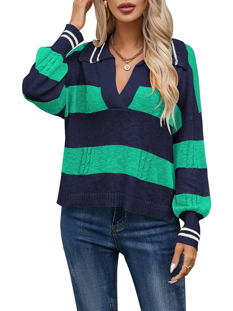 Women's Striped Oversized Pullover Sweaters Lapel Collar V Neck Long Sleeve Jumper Top