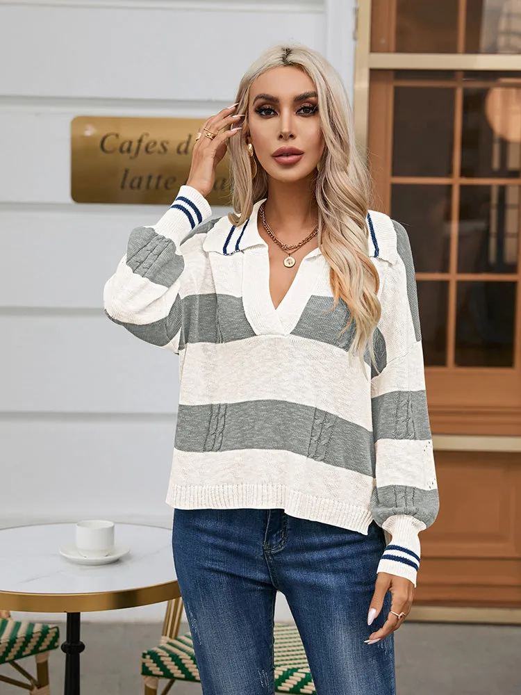 Women's Striped Oversized Pullover Sweaters Lapel Collar V Neck Long Sleeve Jumper Top