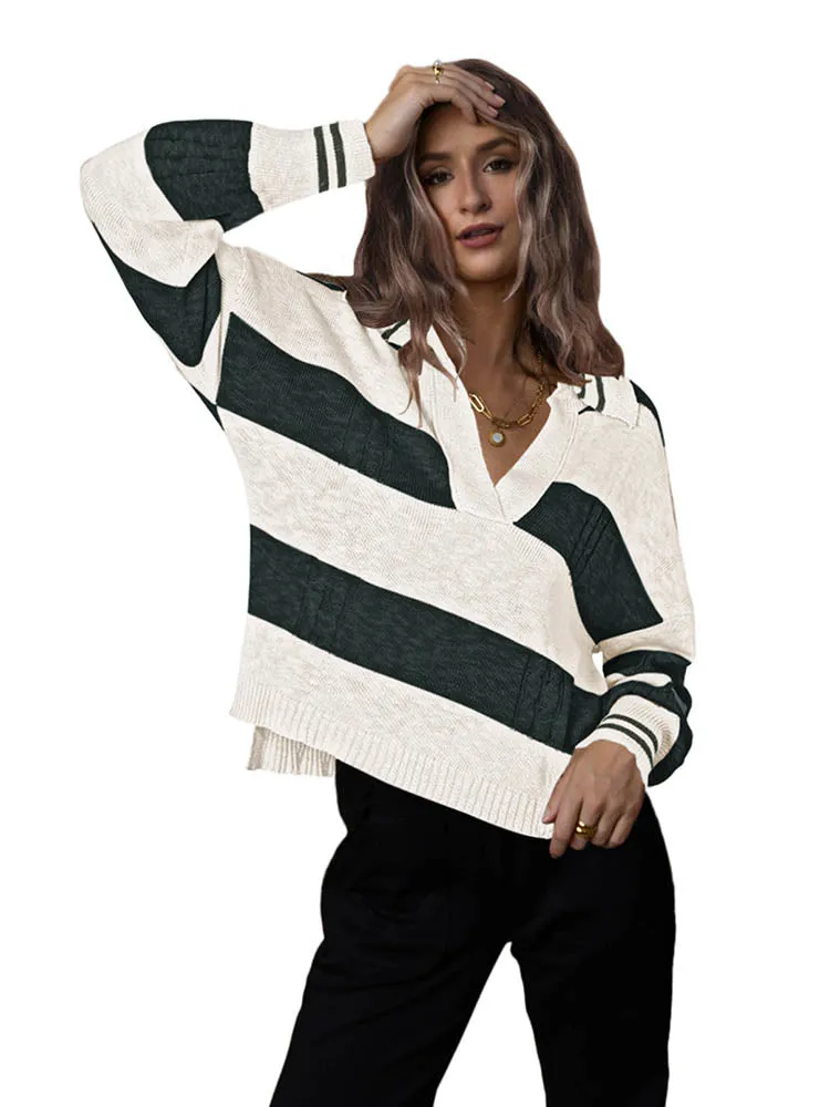 Women's Striped Oversized Pullover Sweaters Lapel Collar V Neck Long Sleeve Jumper Top