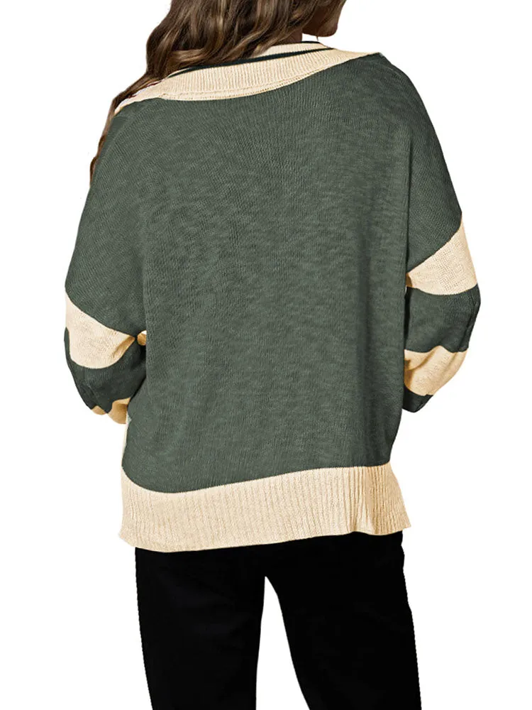 Women's Striped Oversized Pullover Sweaters Lapel Collar V Neck Long Sleeve Jumper Top