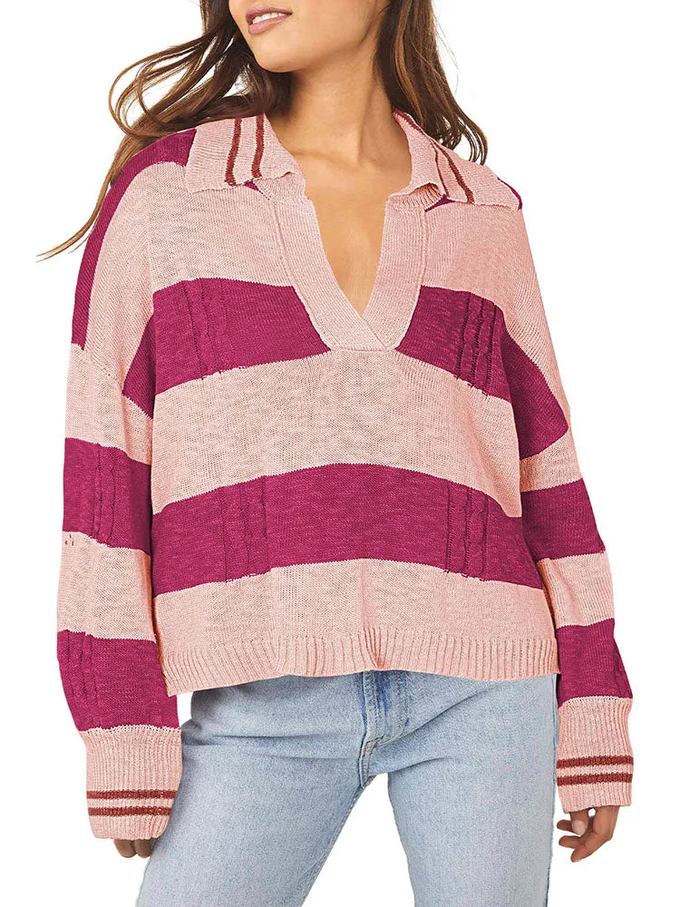 Women's Striped Oversized Pullover Sweaters Lapel Collar V Neck Long Sleeve Jumper Top