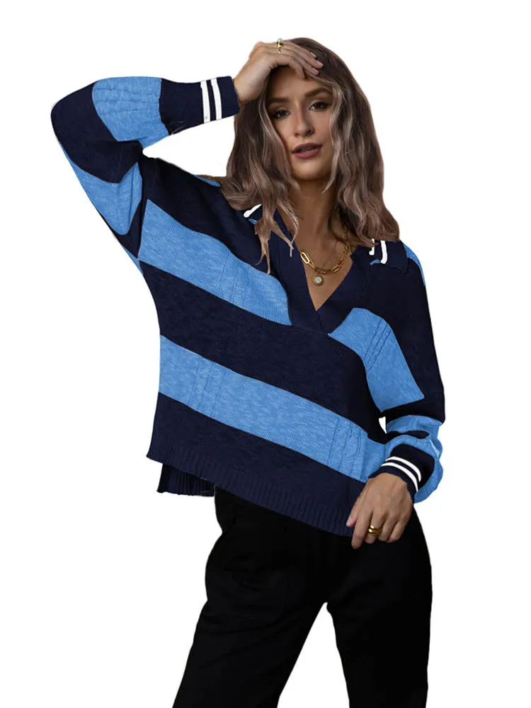 Women's Striped Oversized Pullover Sweaters Lapel Collar V Neck Long Sleeve Jumper Top