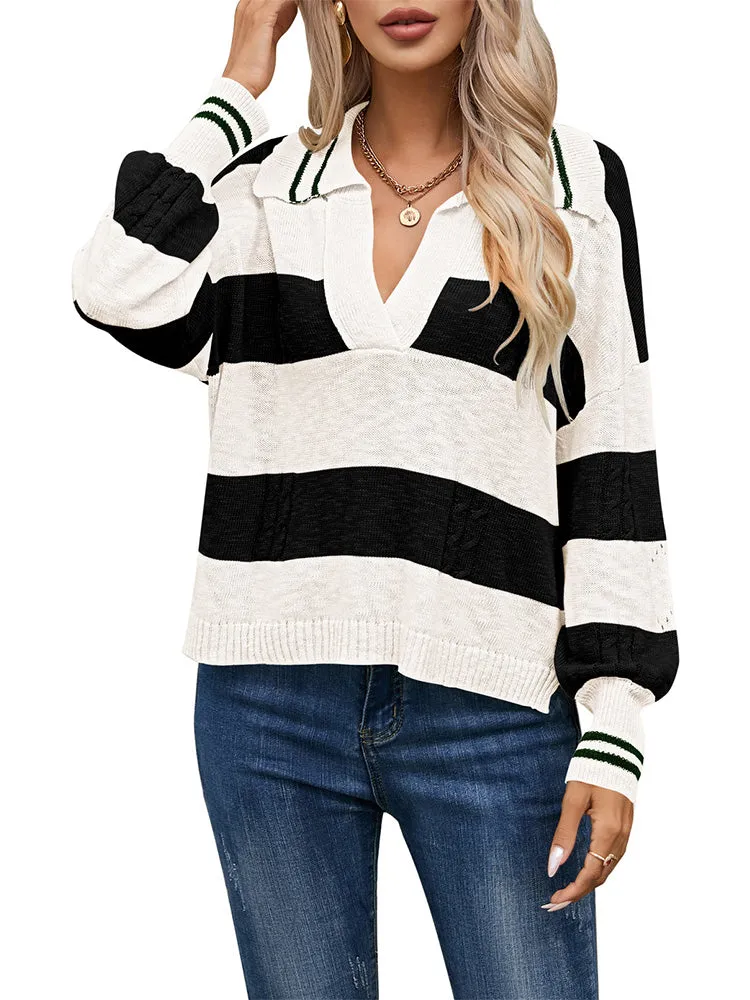 Women's Striped Oversized Pullover Sweaters Lapel Collar V Neck Long Sleeve Jumper Top