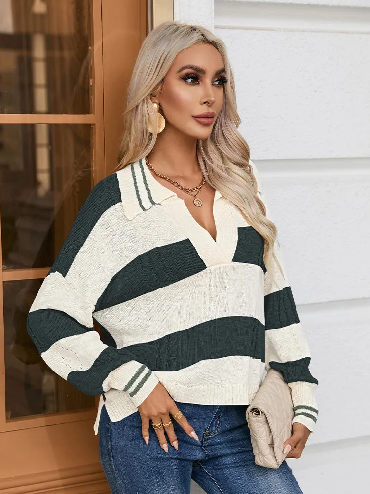 Women's Striped Oversized Pullover Sweaters Lapel Collar V Neck Long Sleeve Jumper Top