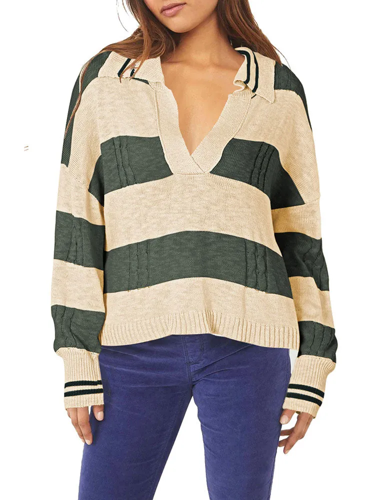 Women's Striped Oversized Pullover Sweaters Lapel Collar V Neck Long Sleeve Jumper Top