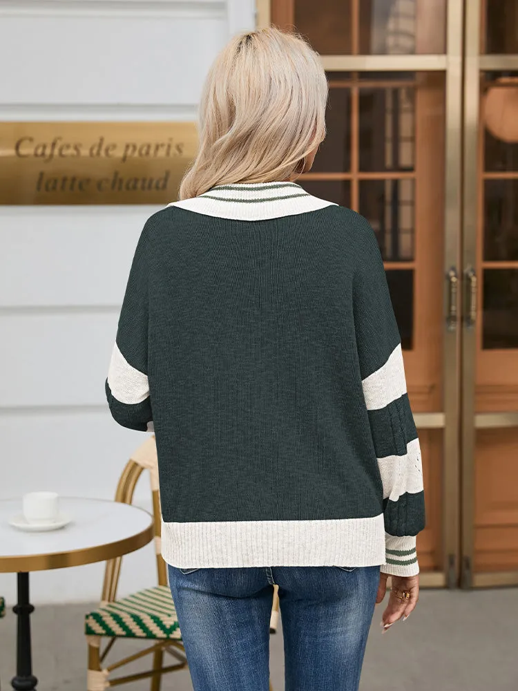 Women's Striped Oversized Pullover Sweaters Lapel Collar V Neck Long Sleeve Jumper Top