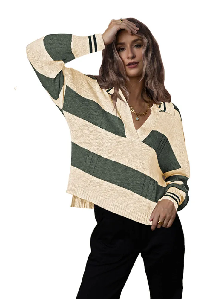 Women's Striped Oversized Pullover Sweaters Lapel Collar V Neck Long Sleeve Jumper Top