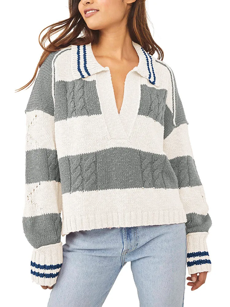 Women's Striped Oversized Pullover Sweaters Lapel Collar V Neck Long Sleeve Jumper Top