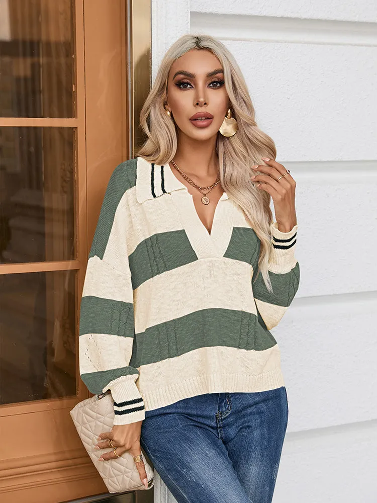 Women's Striped Oversized Pullover Sweaters Lapel Collar V Neck Long Sleeve Jumper Top