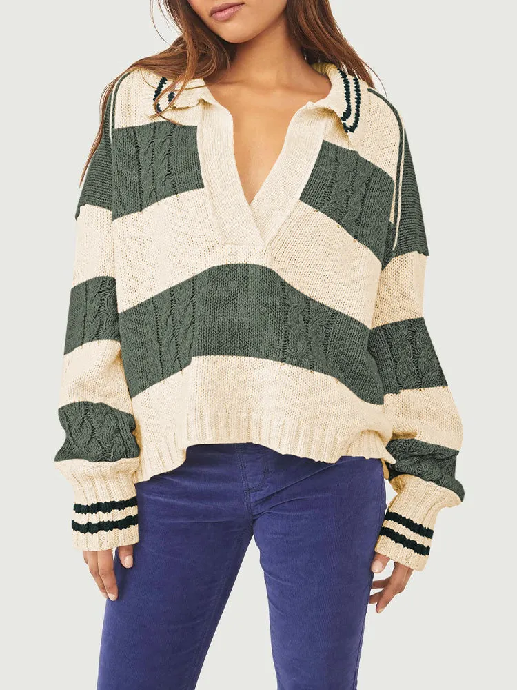 Women's Striped Oversized Pullover Sweaters Lapel Collar V Neck Long Sleeve Jumper Top