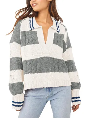 Women's Striped Oversized Pullover Sweaters Lapel Collar V Neck Long Sleeve Jumper Top